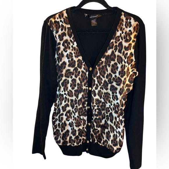 Ashley Stewart Women’s black cardigan with leopard print panels - Size 12 - Picture 1 of 5
